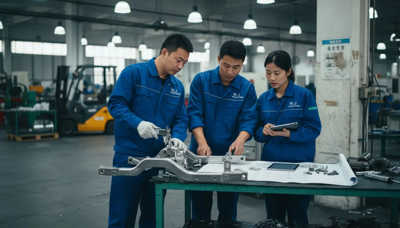 Engineers inspecting automotive prototype in China