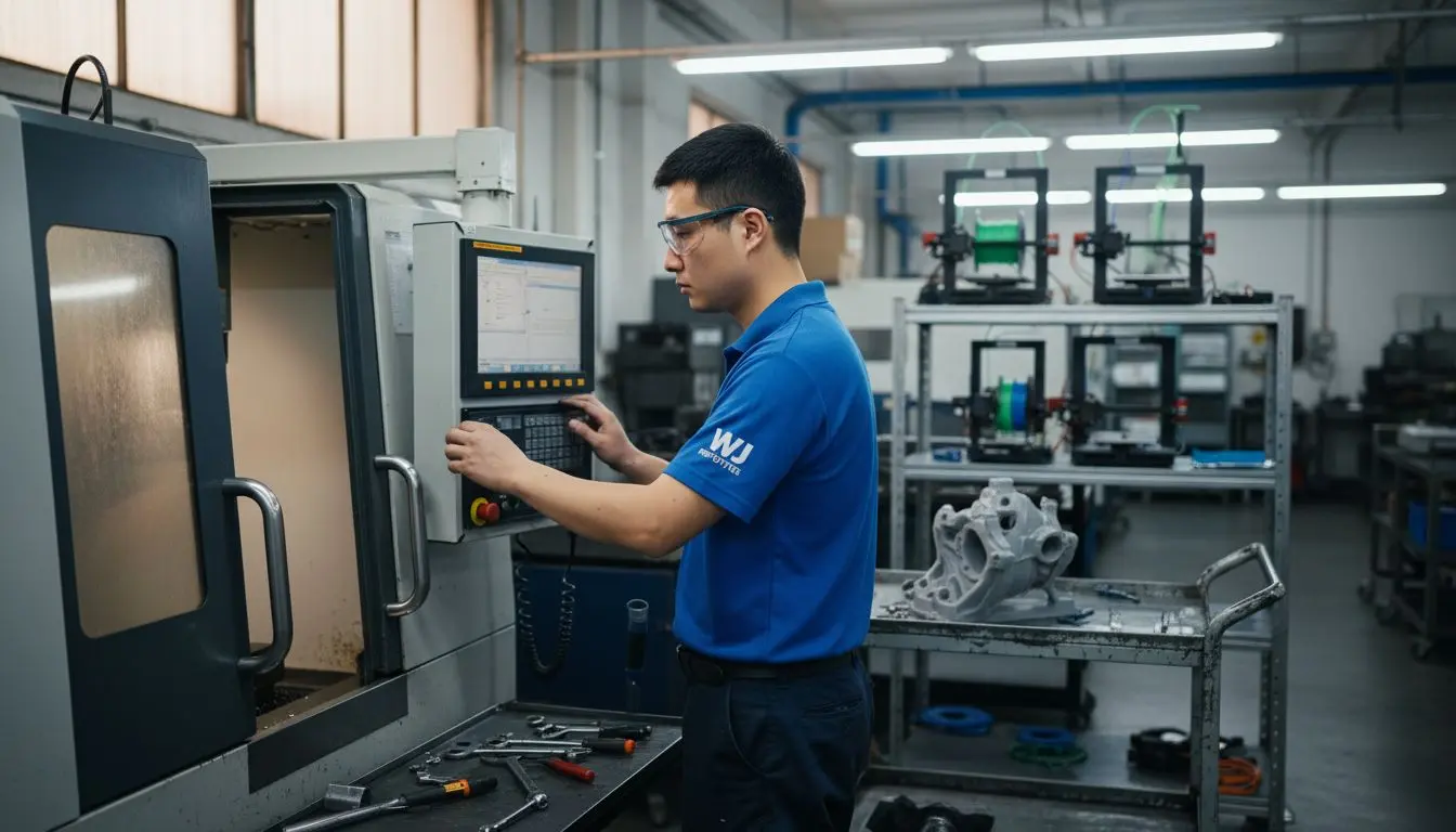 Technician operating CNC machine with 3D printers