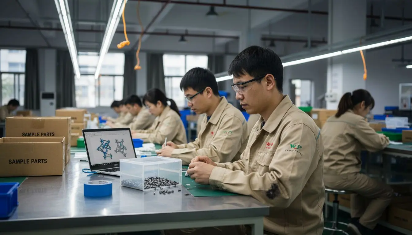 Workers assembling prototypes in Chinese workshop