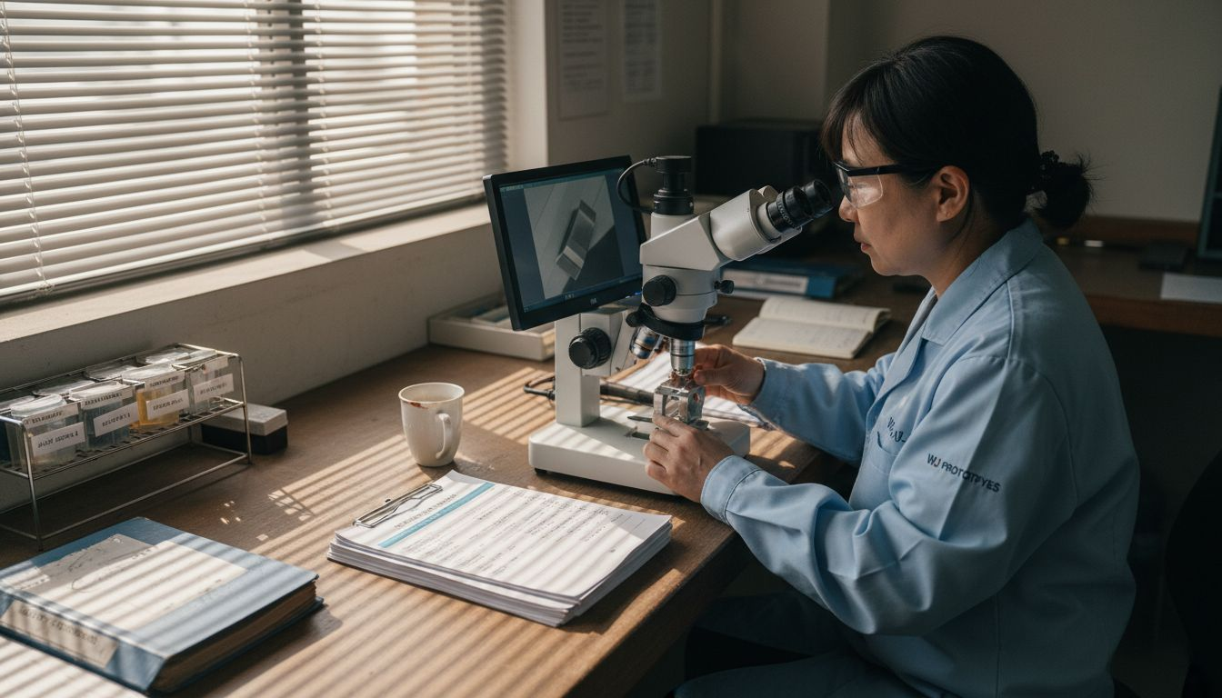 Inspector examining aerospace prototype material quality