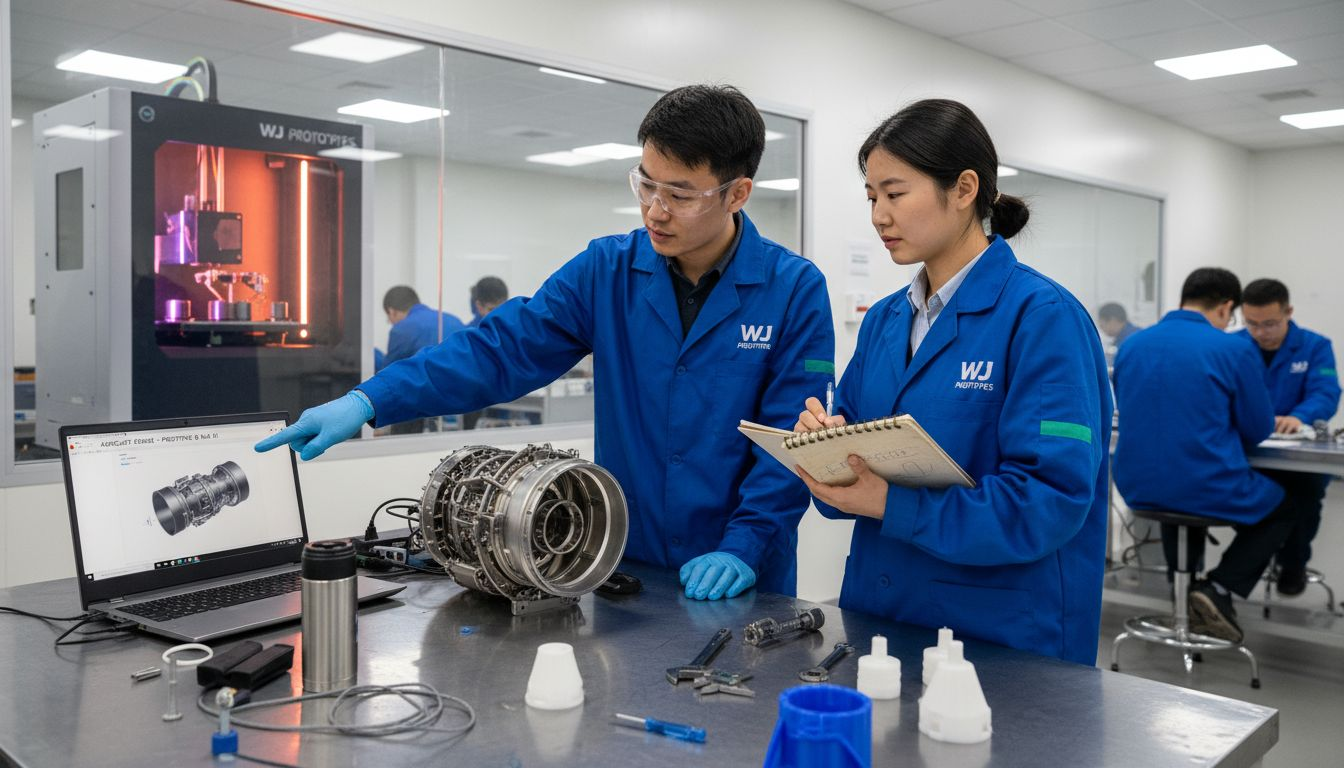 Aerospace engineers reviewing 3D printed engine part