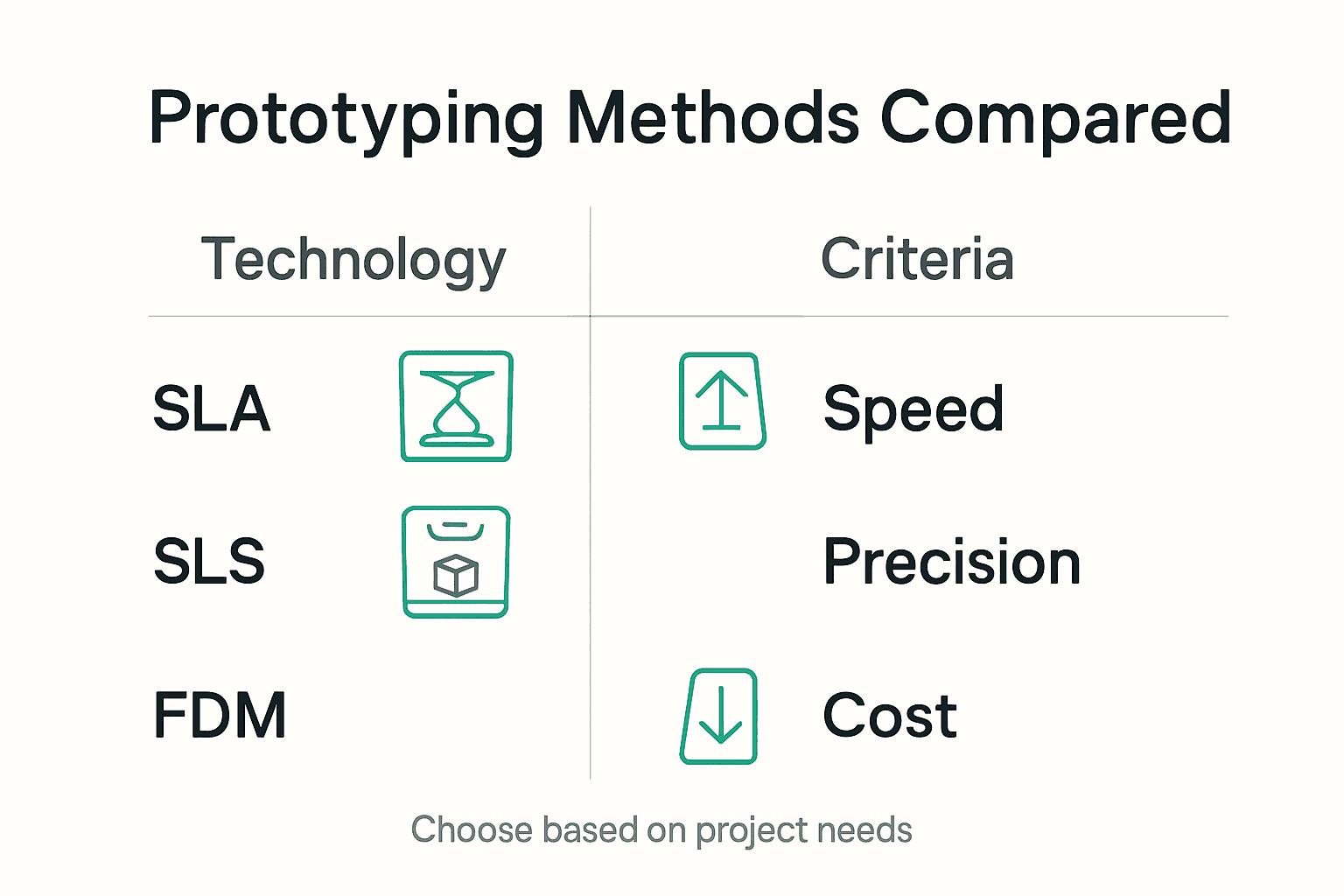 Infographic comparing prototyping technologies and criteria