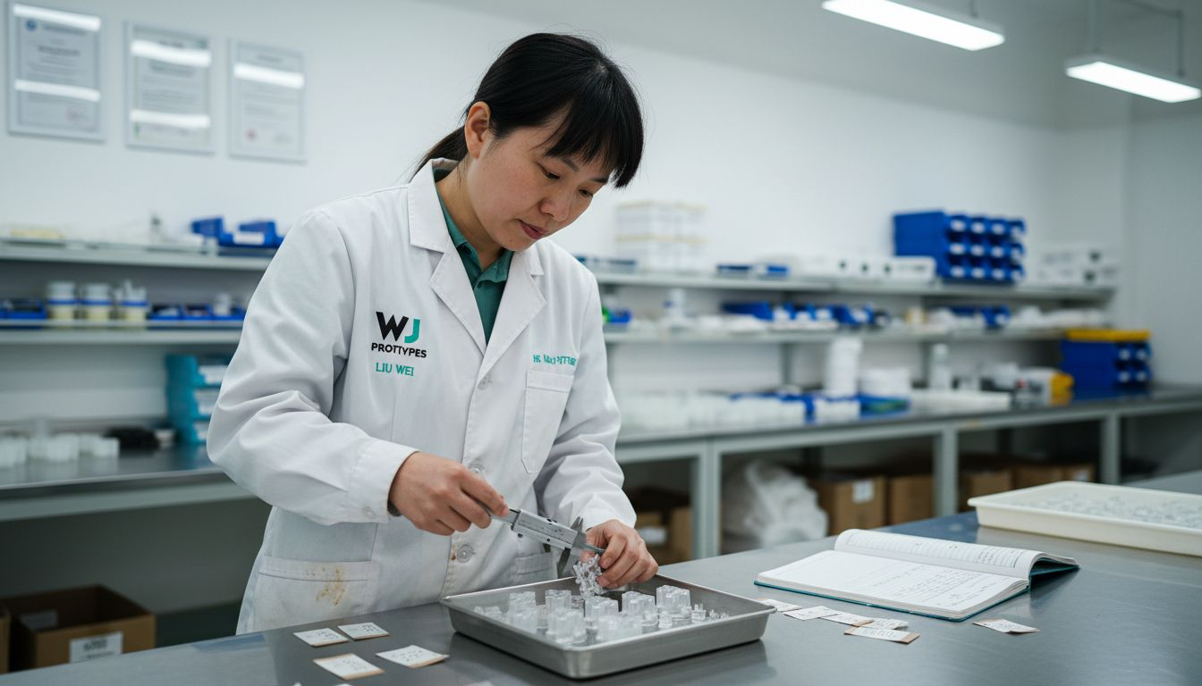 Inspector measuring moulded plastic components