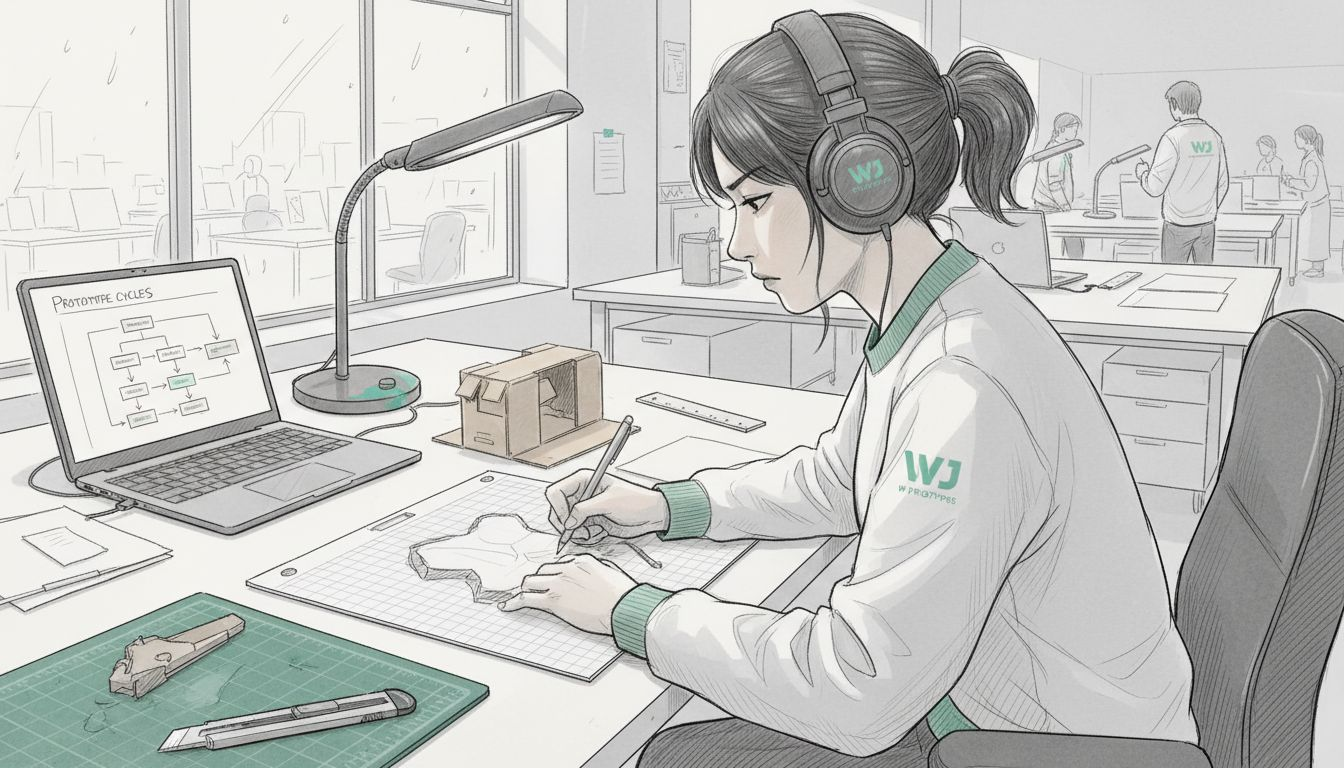 Designer sketching prototypes at cluttered desk