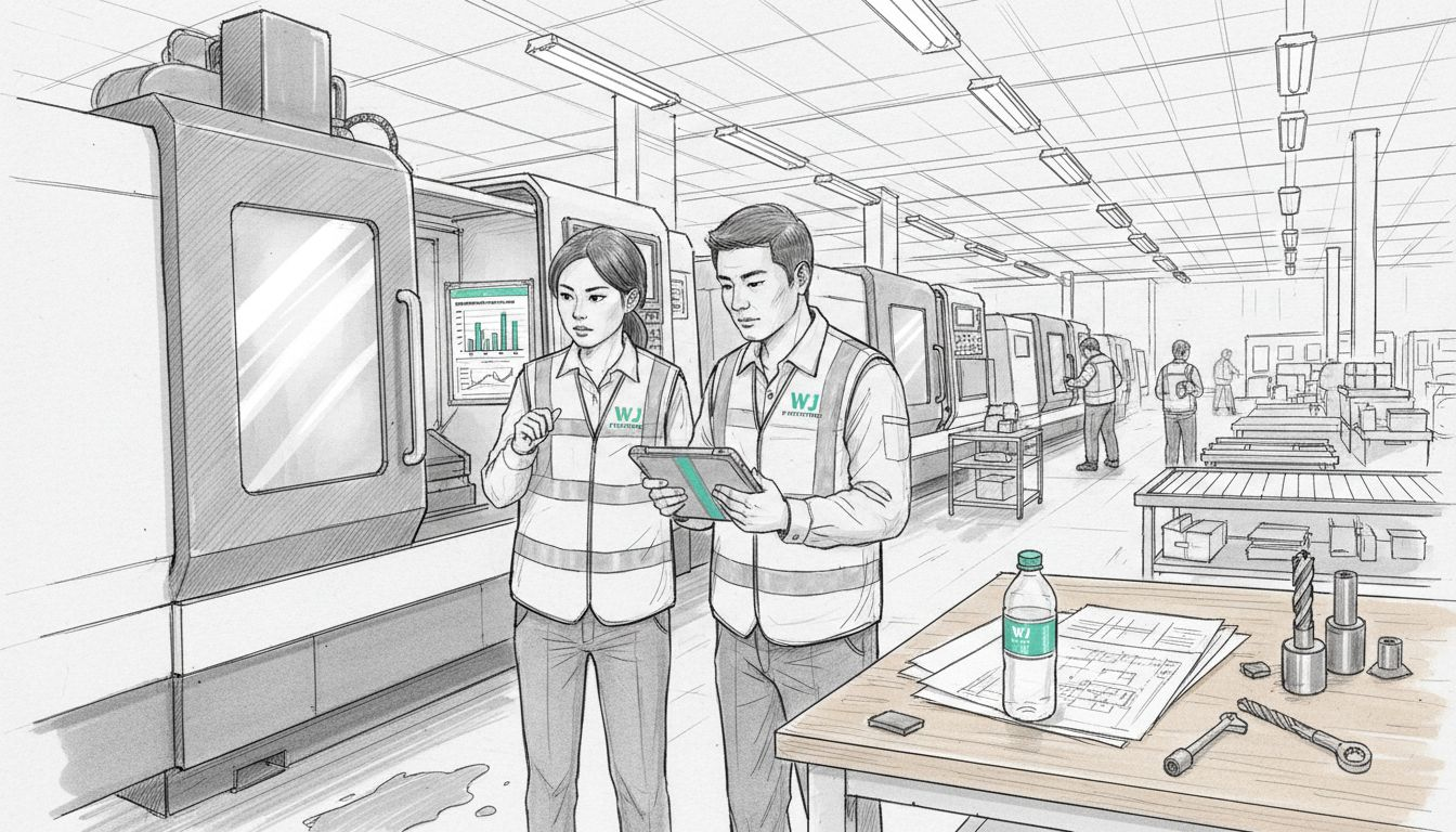 Engineer inspects CNC machine with technician