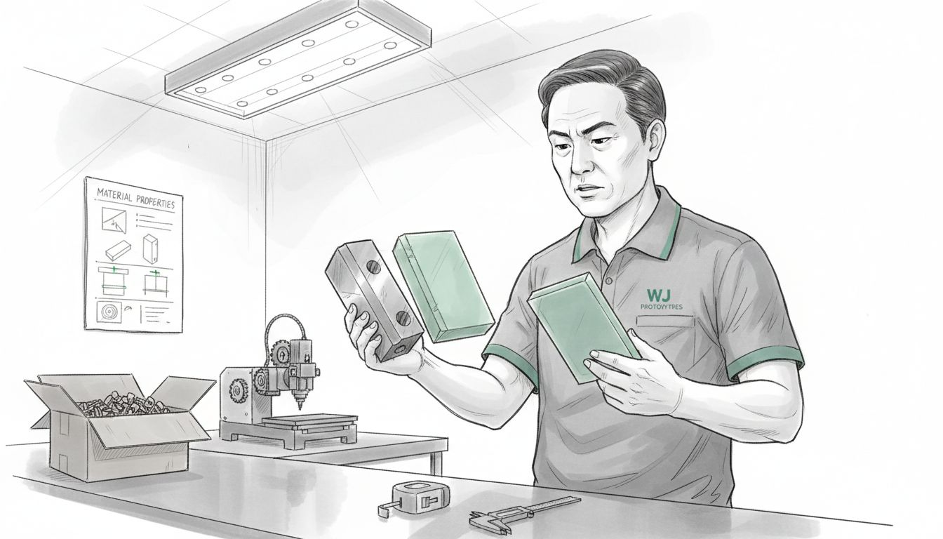 Manager comparing metal and resin prototype parts