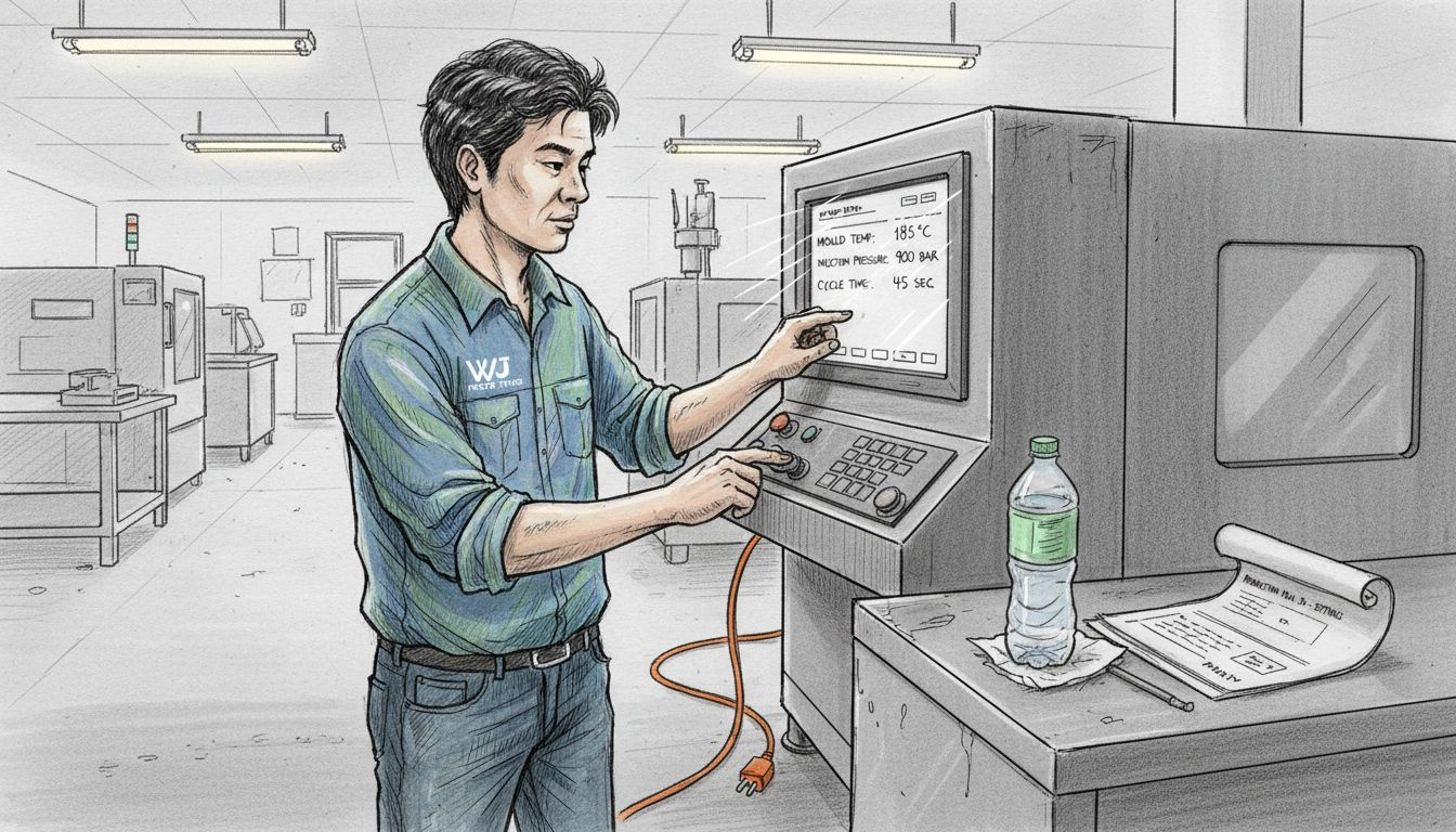 Worker adjusting injection molding controls
