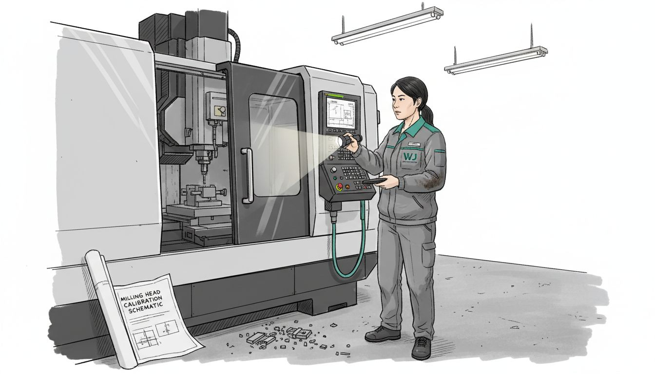 Technician calibrating CNC machine for accuracy