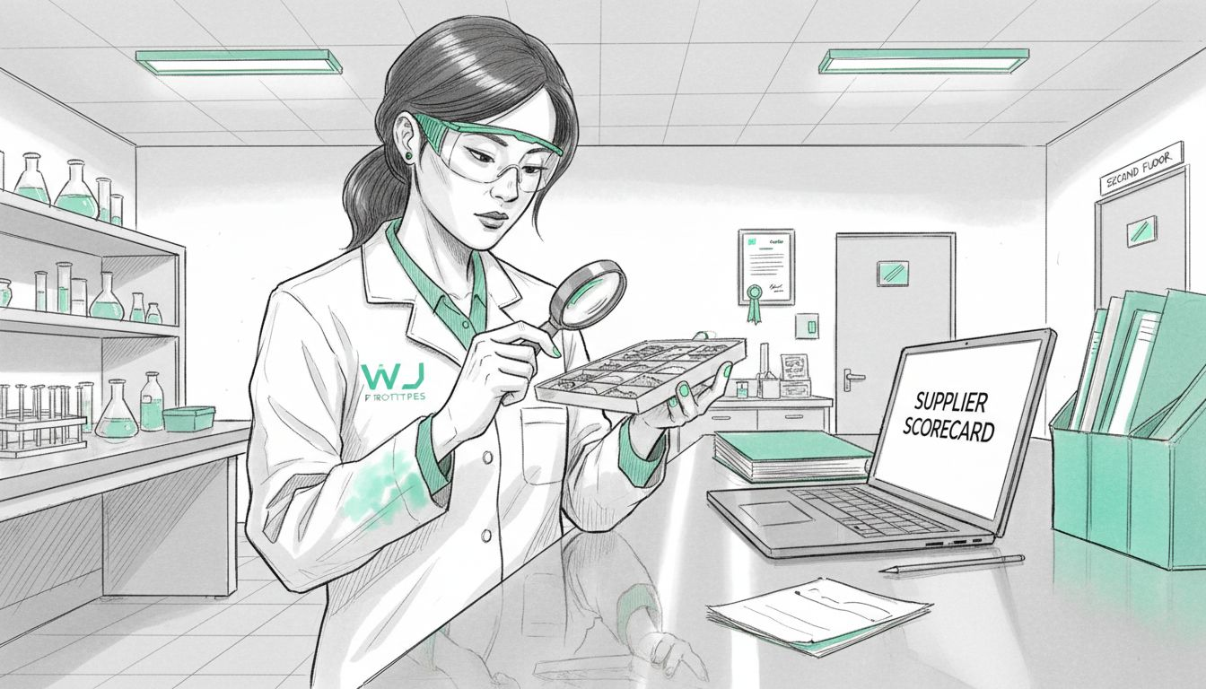 Engineer evaluating metal powder samples in lab