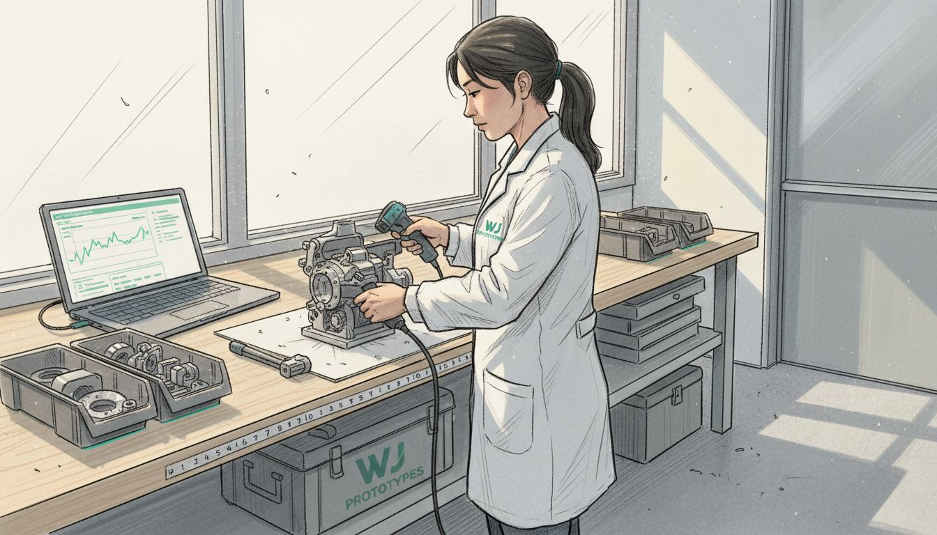 Engineer scanning aerospace metal for defects